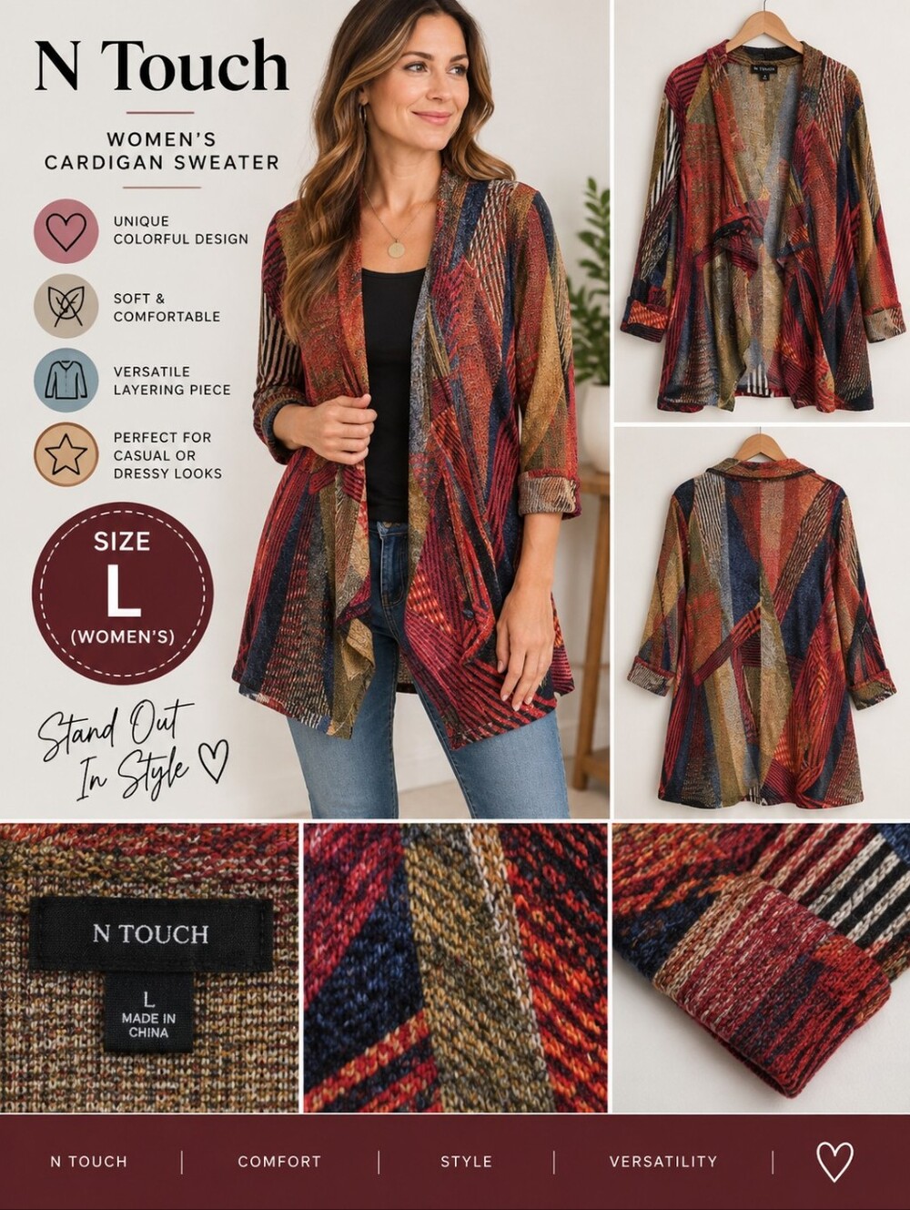 N touch Women's large red colorful cardigan sweater #JU6